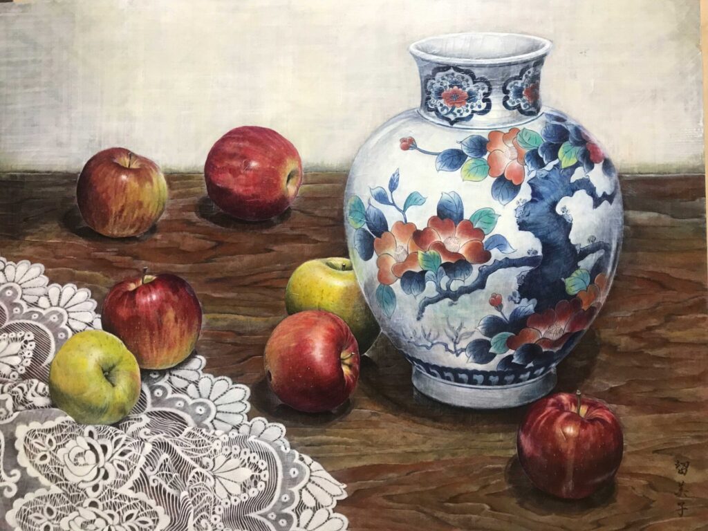 壺とリンゴの日本画